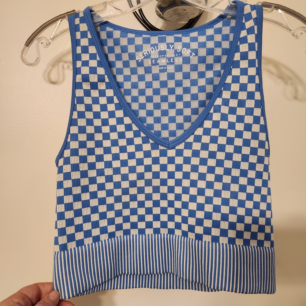 Aeropostale Seriously Soft Blue and White Checked Cropped Tank Juniors Small
